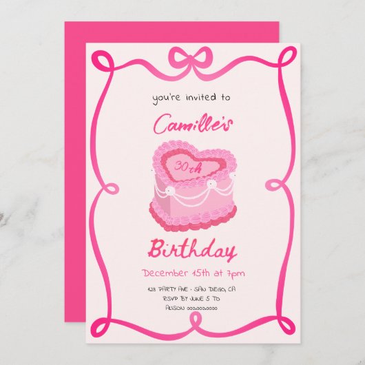 Invitation Gâteau rose rétro Anniversaire (Devant / Derrière)
