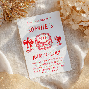 Invitation Gâteau Rouge Élégant Dessiné à la Main pour les 30