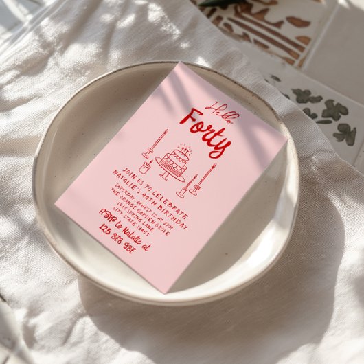 Invitation Gâteau rouge rose de la 40e main Bonjour Quarante 