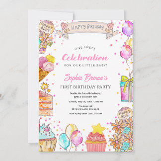Invitation Gâteau Sweet One, Thème Ballon Fille 1er Anniversa