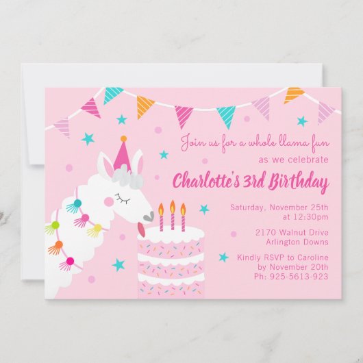 Invitation Gâteau tout Llama amusant 3e anniversaire rose (Devant)