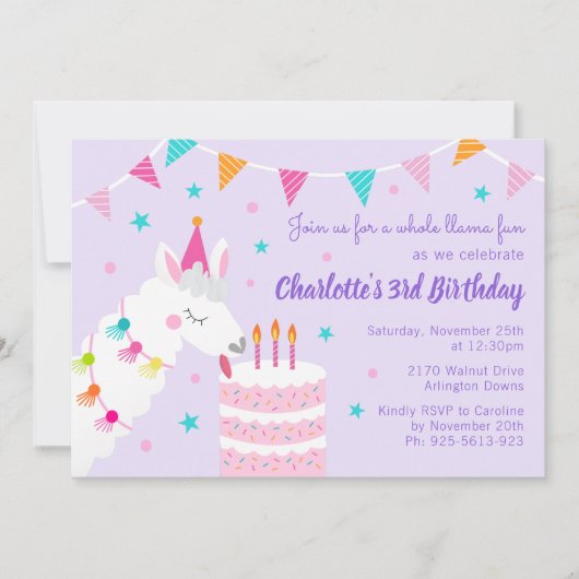 Invitation Gâteau tout Llama amusant 3ème anniversaire violet (Devant)