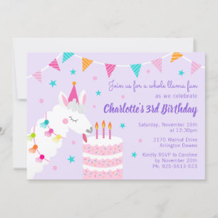 Invitation Gâteau tout Llama amusant 3ème anniversaire violet
