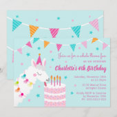 Invitation Gâteau tout Llama amusant 4e anniversaire Aqua (Devant / Derrière)
