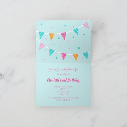 Invitation Gâteau tout Llama Fun 2e anniversaire Aqua (Intérieur)