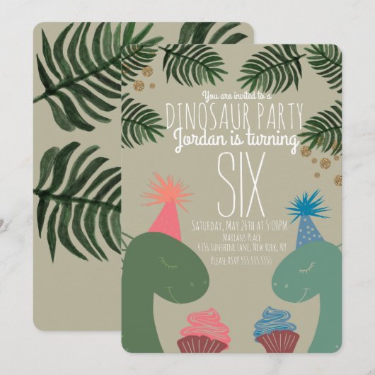 Invitation Gâteaux d'anniversaire de dinosaure mignon avec co (Devant / Derrière)