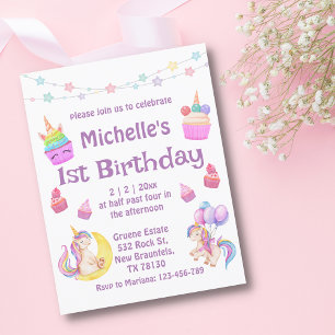 Invitation gâteaux d'anniversaire licornes colorés violets 1 