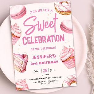 Invitation Gâteaux de célébration doux Fille rose 3e annivers