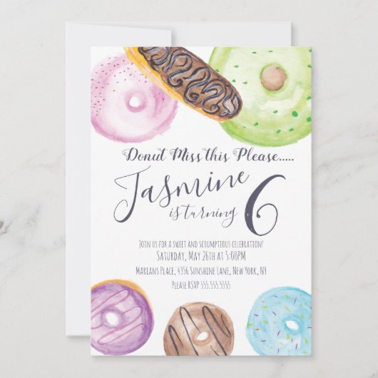 Invitation Gâteaux Donuts Éclairs Aquarelle Fête Anniversaire (Devant)