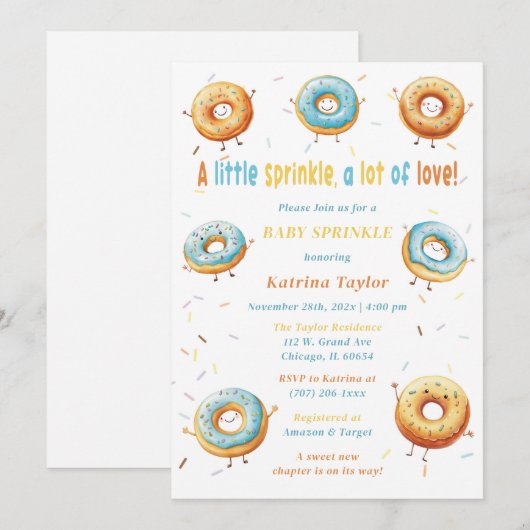 Invitation Gâteaux Donuts Éditable Bébé Sprinkle (Devant / Derrière)