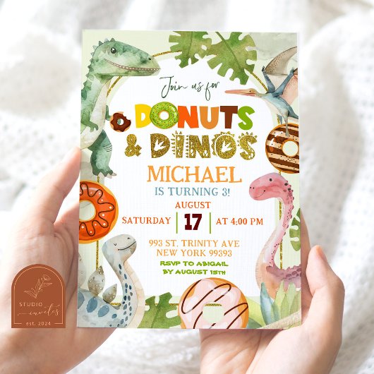 Invitation Gâteaux Donuts Garçon Dinosaure et Fête d'Annivers