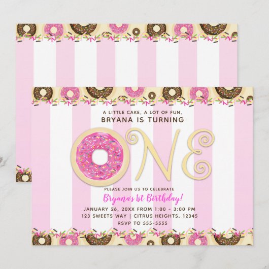 Invitation Gâteaux Donuts Rose Marron Sprinkles Fête d'annive (Devant / Derrière)