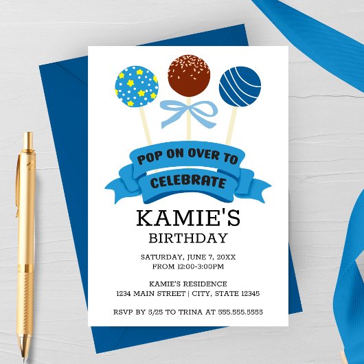 Invitation Gâteaux Pops Bleus Fête d'Anniversaire
