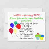 Invitation Gâteaux pour 10ème Anniversaire Bleu Vert Fête Tou (Dos)