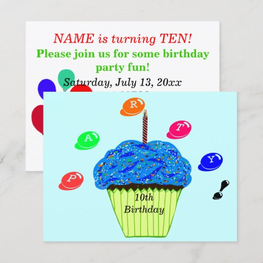 Invitation Gâteaux pour 10ème Anniversaire Bleu Vert Fête Tou (Devant / Derrière)