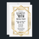 Invitation Gatsby 1920 Art Déco Blanc | Gold 30th Birthday<br><div class="desc">Art Déco Grand Design de fête d'anniversaire en Blanc et Or. Idéal pour une fête sur le thème des années 1920. La papeterie correspondante est disponible dans le magasin. Les modèles sont prêts à personnaliser et à customiser avec les détails de votre fête.</div>