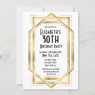 Invitation Gatsby 1920 Art Déco Blanc | Gold 30th Birthday