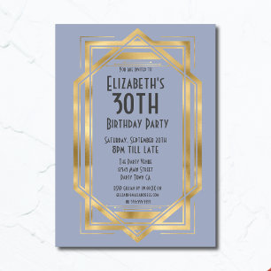 Invitation Gatsby 1920 Art Déco Blue   Gold 30th Birthday