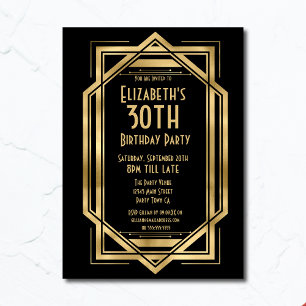 Invitation Gatsby 1920 Art Déco Noir Or 30e Anniversaire