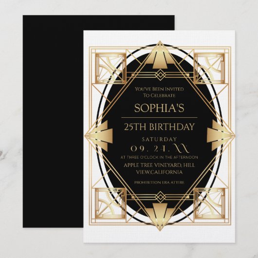 Invitation Gatsby Art Deco Black 25th Birthday Party (Devant / Derrière)