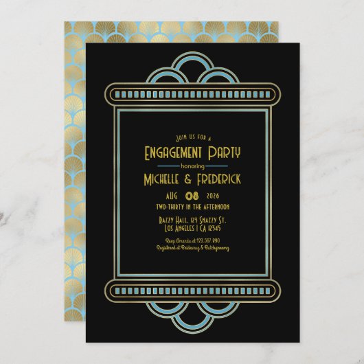 Invitation Gatsby Art Deco Blue & Gold Engagement Party Photo (Devant / Derrière)