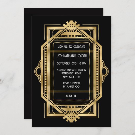 Invitation Gatsby art déco cadre or do-it-yourself fête photo (Devant / Derrière)