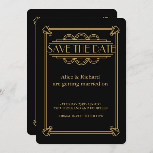 Invitation GATSBY ART DECO mariage ENREGISTRER LA DATE (Devant / Derrière)