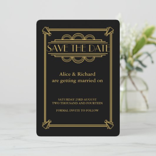 Invitation GATSBY ART DECO mariage ENREGISTRER LA DATE (Debout devant)
