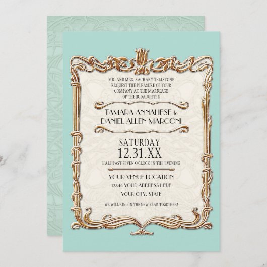 Invitation Gatsby Art Déco Nouveau dentelle Faux Gold Tulip (Devant / Derrière)