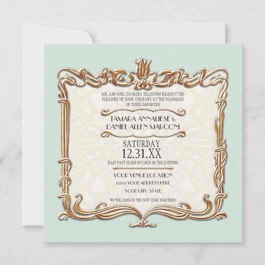 Invitation Gatsby Art Déco Nouveau dentelle Faux Gold Tulip (Devant)