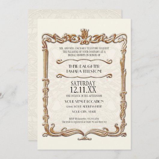 Invitation Gatsby Art Déco Nouveau dentelle Faux Gold Tulip (Devant / Derrière)