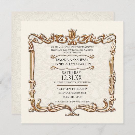 Invitation Gatsby Art Déco Nouveau dentelle Faux Gold Tulip (Devant / Derrière)