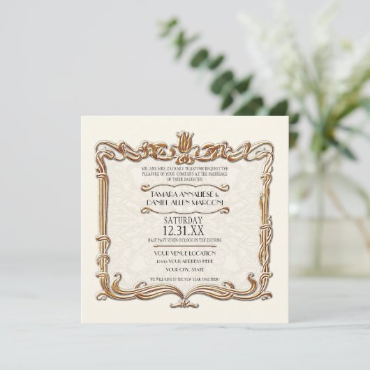 Invitation Gatsby Art Déco Nouveau dentelle Faux Gold Tulip (Debout devant)