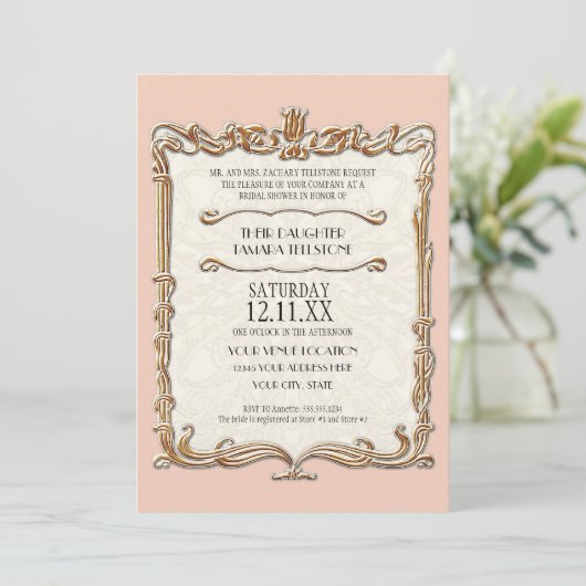 Invitation Gatsby Art Déco Nouveau dentelle Faux Gold Tulip (Debout devant)