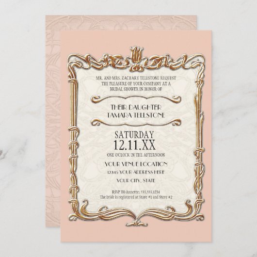 Invitation Gatsby Art Déco Nouveau dentelle Faux Gold Tulip (Devant / Derrière)