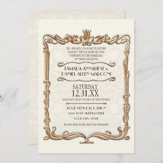 Invitation Gatsby Art Déco Nouveau dentelle Faux Gold Tulip (Devant / Derrière)