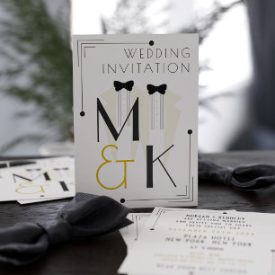 Invitation Gatsby Art Déco Style Mariage Tuxedo blanc