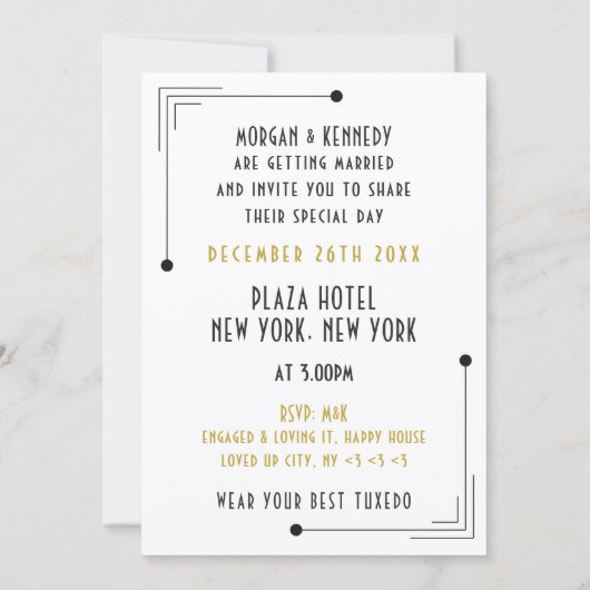 Invitation Gatsby Art Déco Style Mariage Tuxedo blanc (Dos)