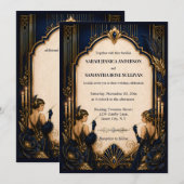 Invitation Gatsby flapper bleu or mariage 1920 (Devant / Derrière)