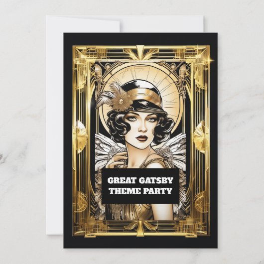 Invitation Gatsby flapper fille cheveux foncés noir or événem (Dos)