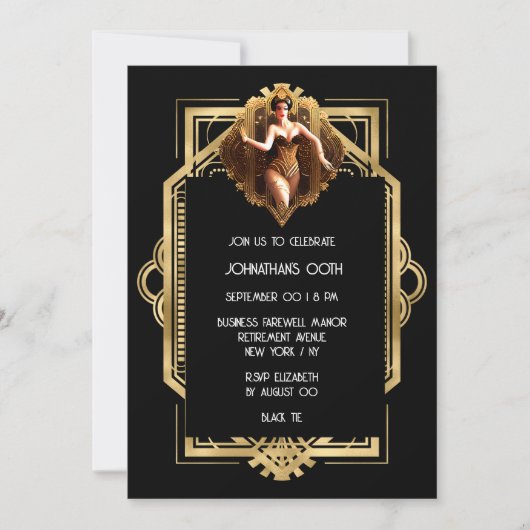 Invitation Gatsby Flapper fille noir or 1920's thème party (Devant)