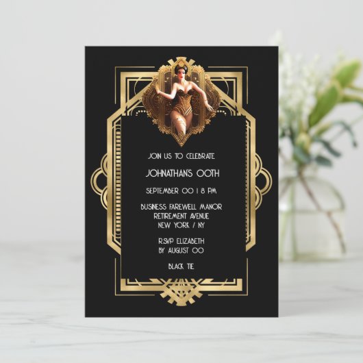 Invitation Gatsby Flapper fille noir or 1920's thème party (Debout devant)