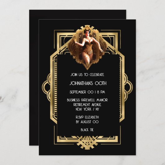 Invitation Gatsby Flapper fille noir or 1920's thème party (Devant / Derrière)
