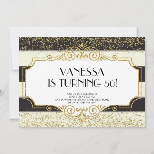 Invitation Gatsby Gold Black Parties scintillant 50e annivers (Devant)