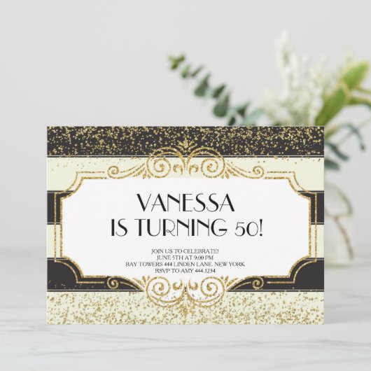 Invitation Gatsby Gold Black Parties scintillant 50e annivers (Debout devant)