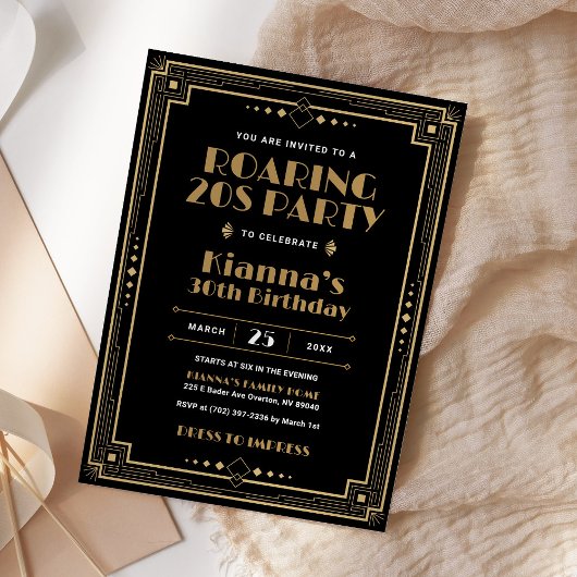 Invitation Gatsby Roaring 20s Art Déco Anniversaire Black Gol