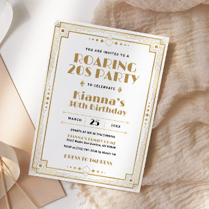 Invitation Gatsby Roaring 20s Art déco Anniversaire Or blanc