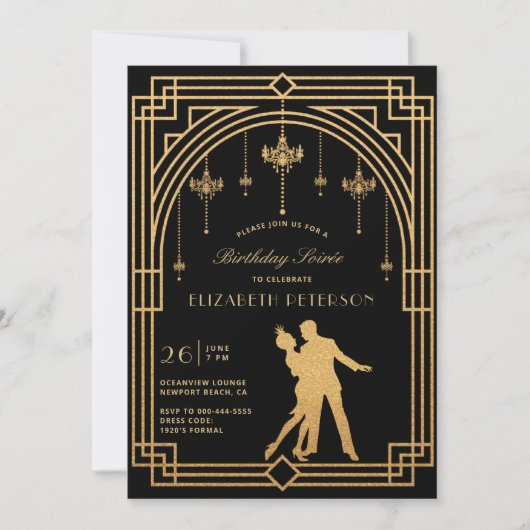 Invitation Gatsby Roaring 20s Chandeliers Déco Anniversaire d (Devant)