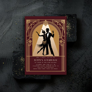 Invitation Gatsby Speakeasy 1920 Déco Gold Burgundy Anniversa