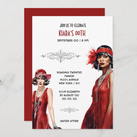 Invitation Gatsby thème rouge noir flapper filles mélanine bl (Devant / Derrière)
